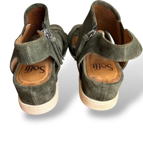 Sofft Shandi Perforated Suede Sandal Olive Green Wedge Sz 7.5 Ankle Zipper - Picture 4 of 7